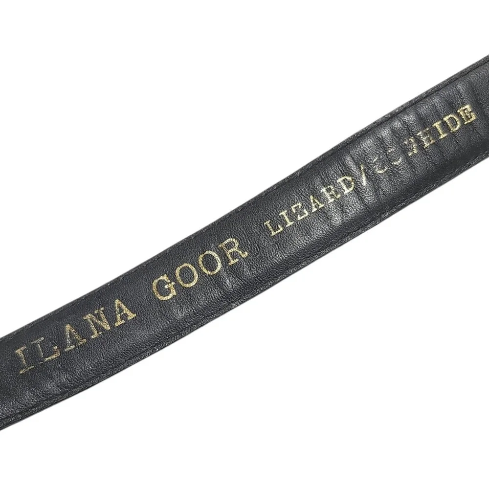 Vintage Ilana Goor Black Lizard Cowhide Leather Belt Gold Sculptural Buckle 38in
